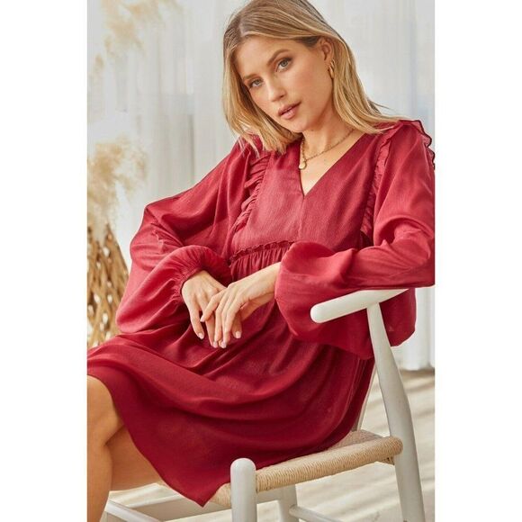 SALE! Andree By Unit Burgundy Berry Red Mini V Neck Dress New S-L D10194 - Picture 3 of 8